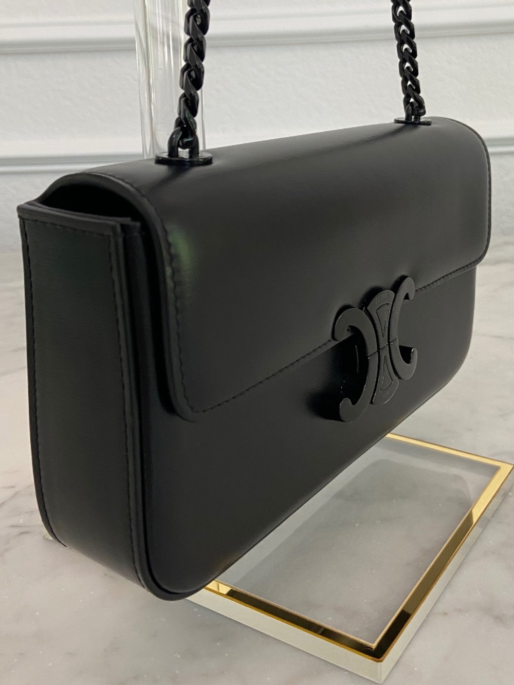Auth Celine Leather Black on Black Triomphe Bag Chain Strap Black Metal Hardware - Picture 3 of 17